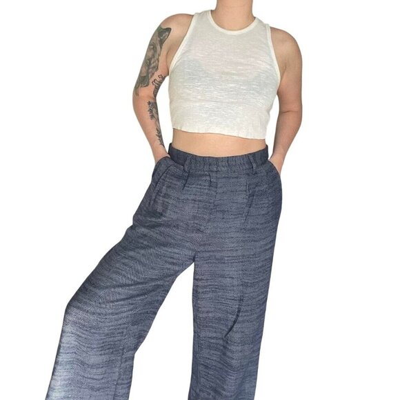 Urban Outfitters Herringbone Pleated Wide-Leg Trouser Pants Cotton Blue Women S - Picture 3 of 12